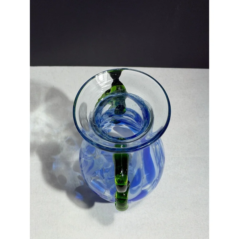 Pier 1 Imports Blue white Swirl Hand Blown Glass Vase with Green Handles